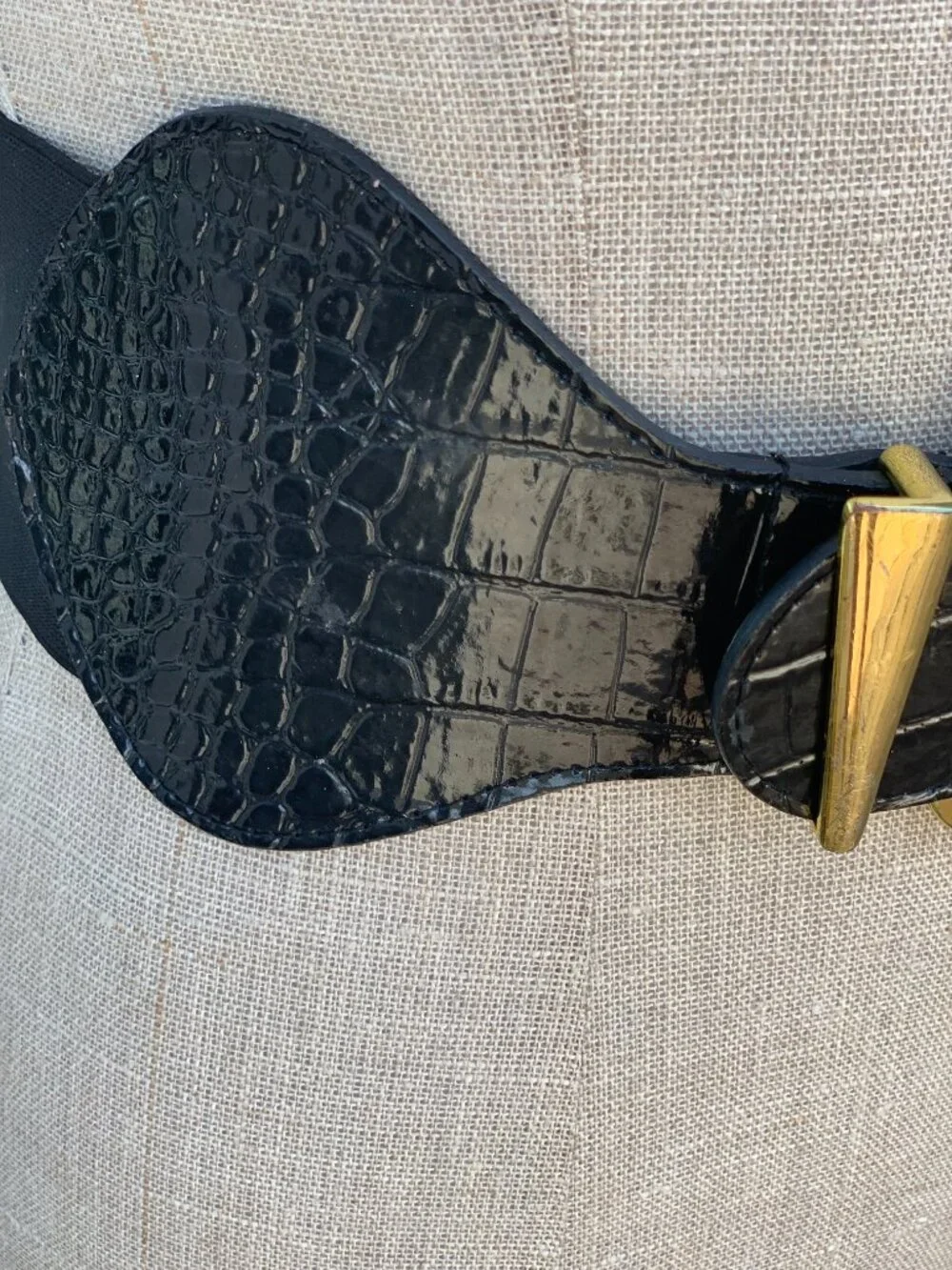 Vtg Wide Statement Belt Black Elastic Croc Embossed Faux Leather Gold Buckle Y2K